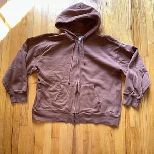 Aritzia TNA Sweatfleece Hoodie 2XL Brown‎ Cozy Fleece Boyfriend Fit Zip Up Logo